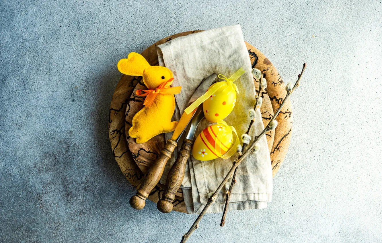 Photo wallpaper branches, yellow, background, holiday, toy, eggs, spring, rabbit