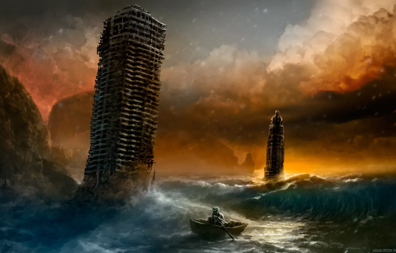 Photo wallpaper sea, wave, boat, building, art, gas mask, ruins, romance of the Apocalypse