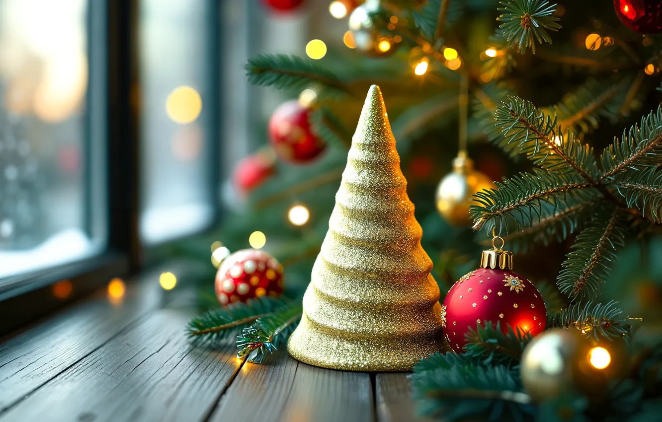 Photo wallpaper balls, light, branches, lights, lights, toy, Board, new year