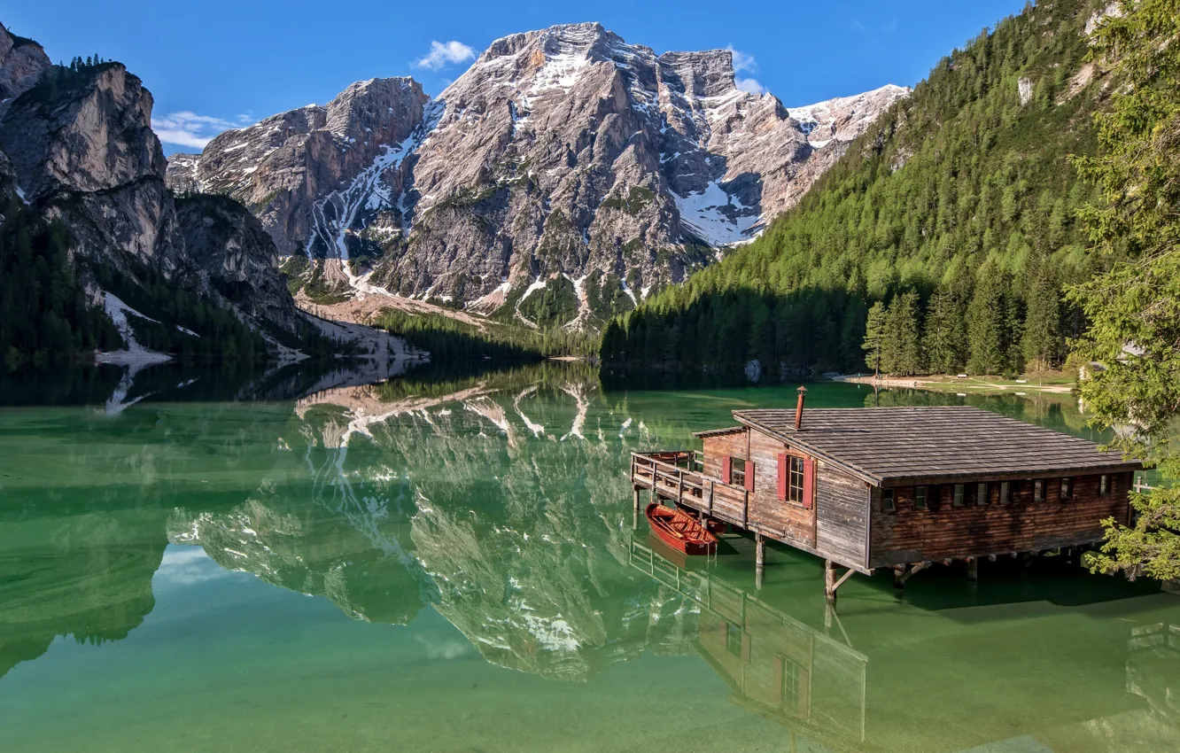 Photo wallpaper mountains, lake, reflection, boat, Italy, house, Italy, The Dolomites