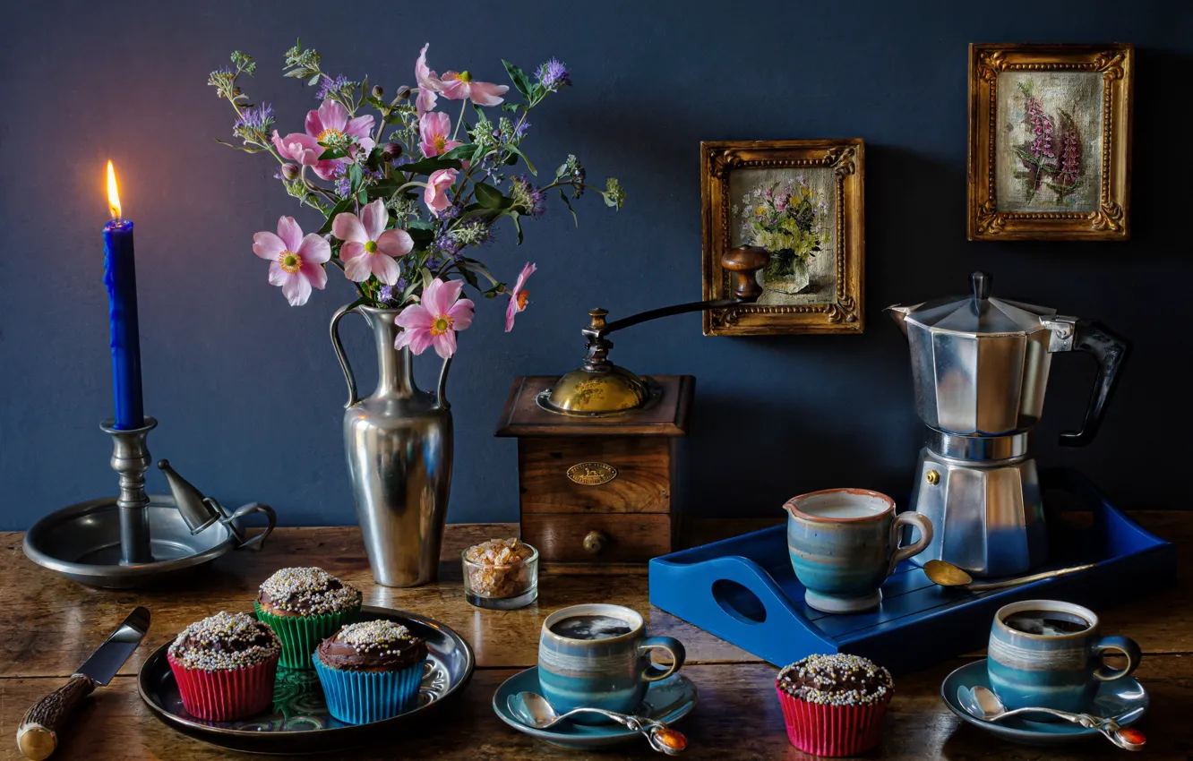 Photo wallpaper flowers, style, coffee, candle, bouquet, Cup, vase, still life