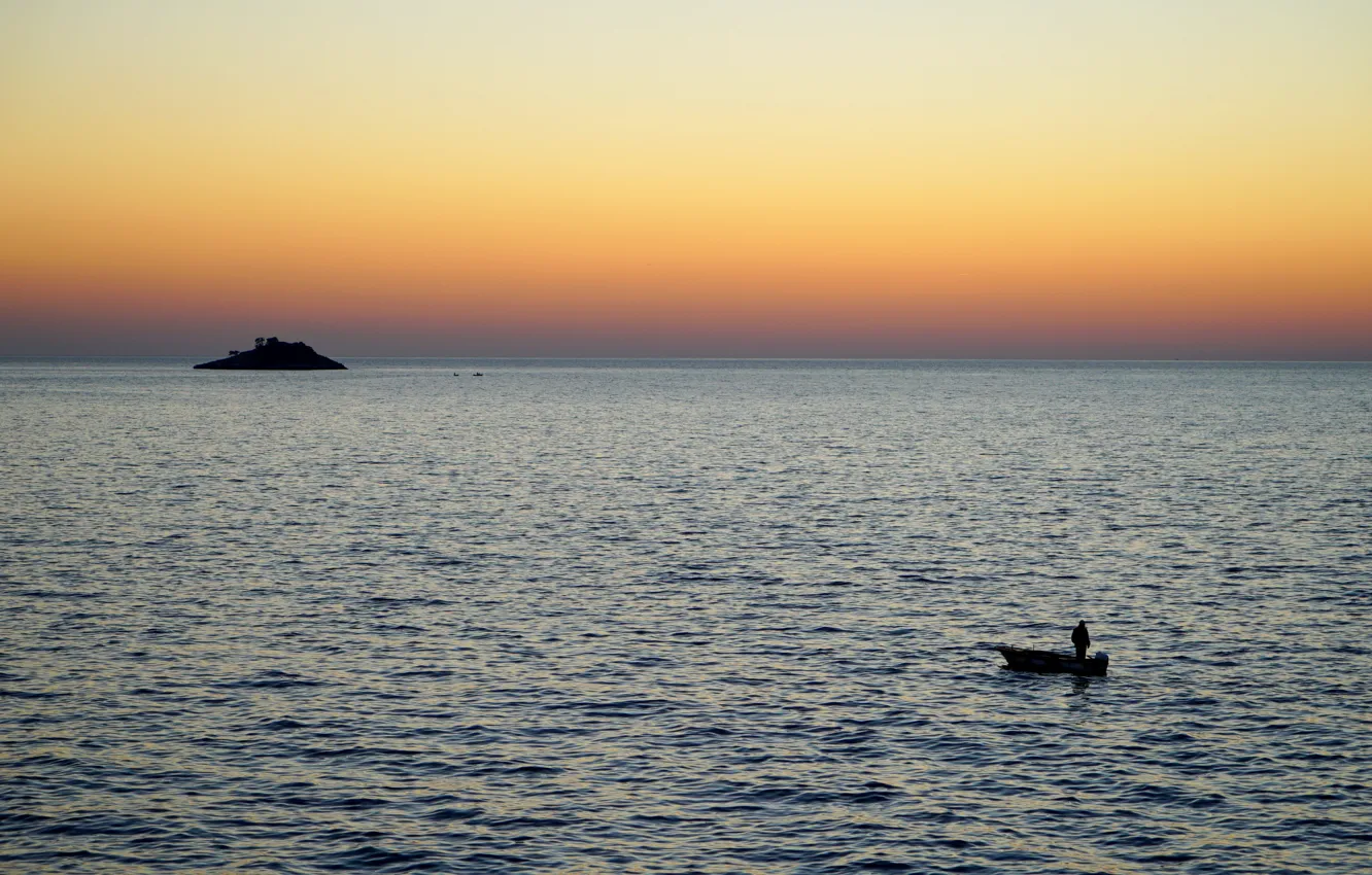 Photo wallpaper sea, boat, people, island, morning