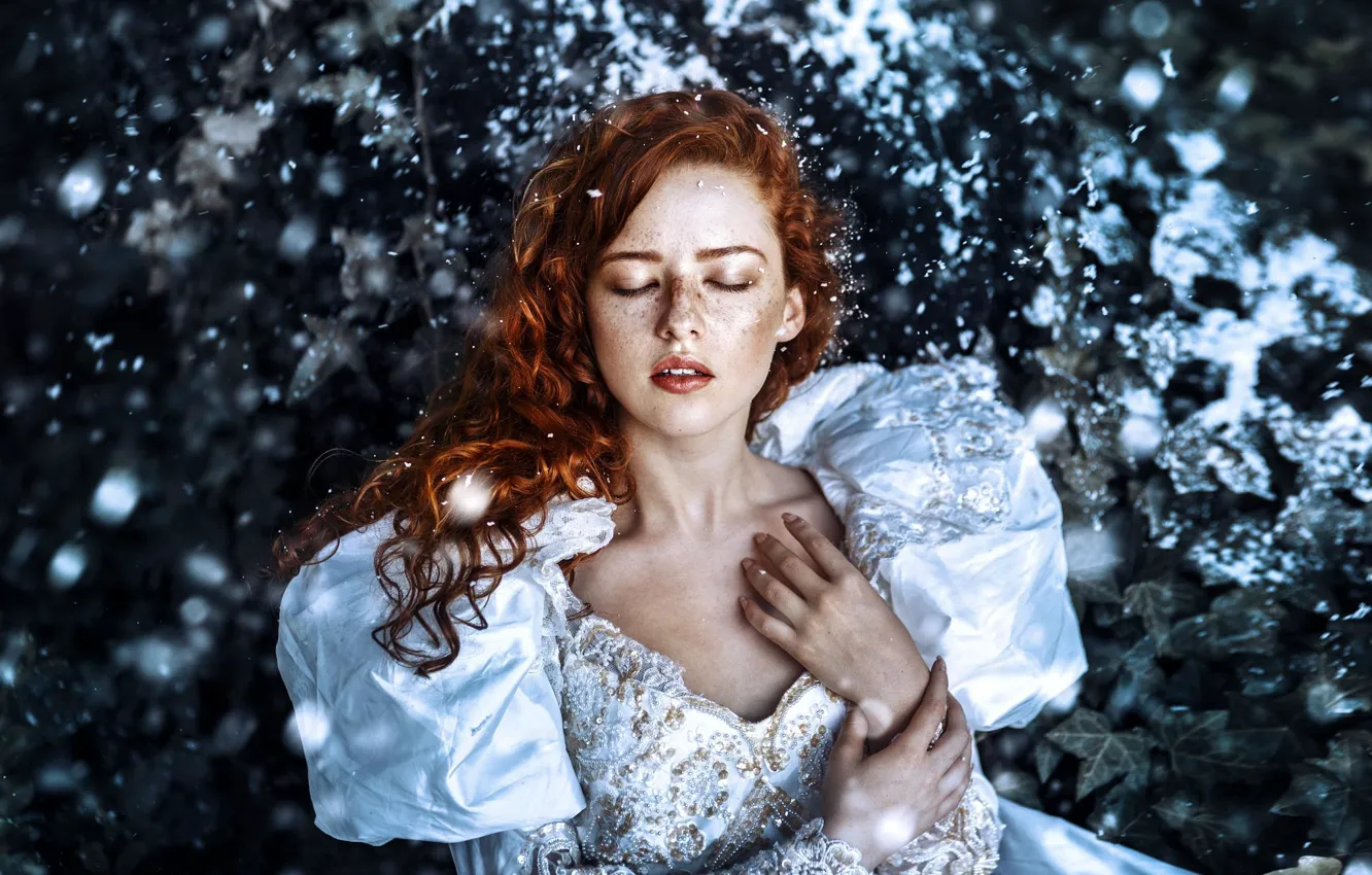 Photo wallpaper girl, mood, hands, dress, freckles, red, redhead, Valentina Rubilar