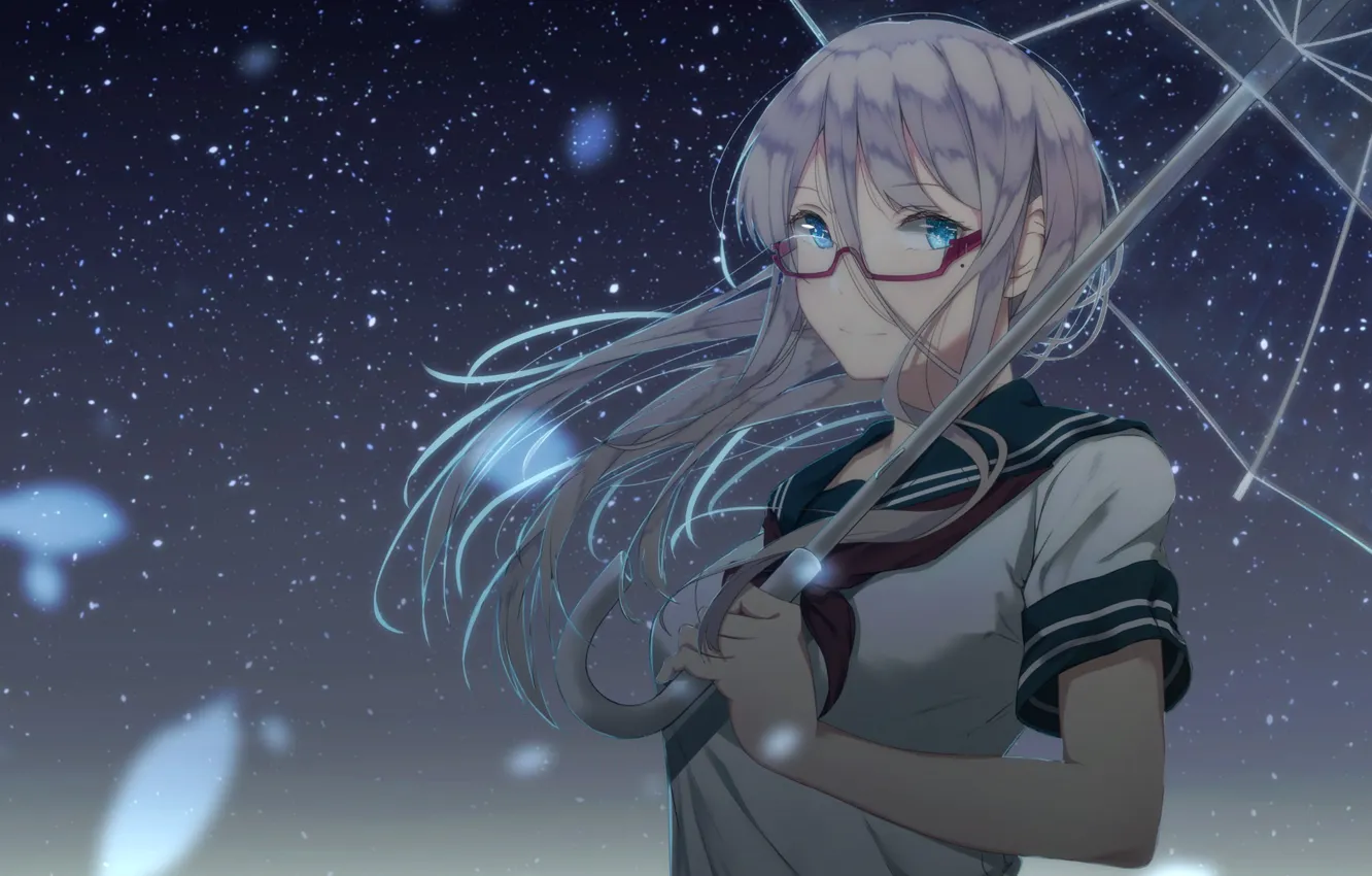 Photo wallpaper the sky, girl, stars, smile, umbrella, anime, art, glasses