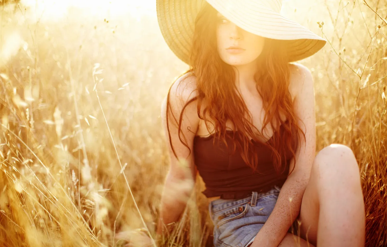 Photo wallpaper grass, look, girl, hat, redhead, Danielle