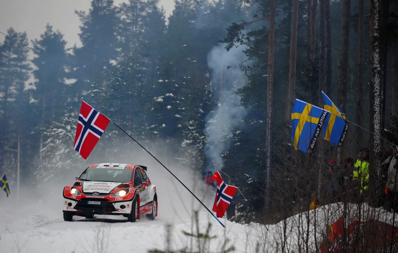 Photo wallpaper winter, forest, race, sport, lights, people, Ford, flag