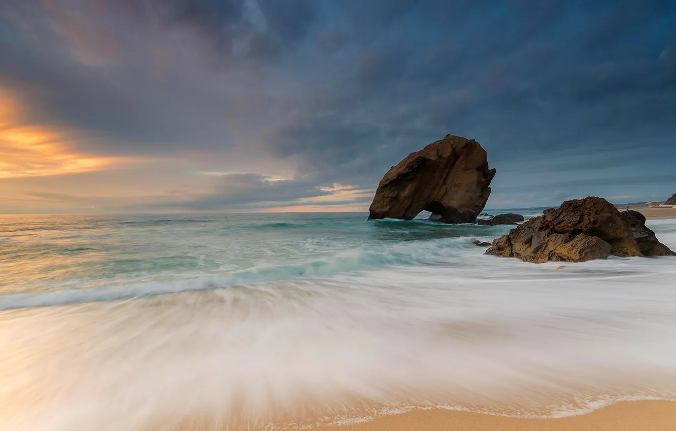 Photo wallpaper sea, the sky, clouds, sunset, stones, rocks
