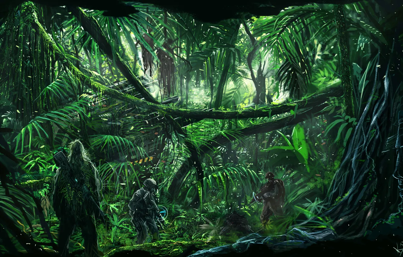 Photo wallpaper forest, trees, jungle, soldiers, sniper