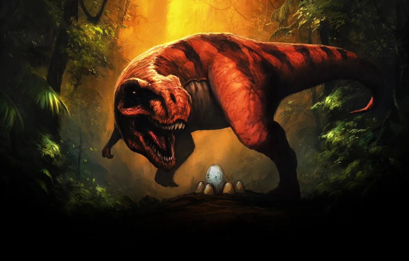 Photo wallpaper forest, eggs, dinosaur, mouth, roar, T-Rex, Tyrannosaurus
