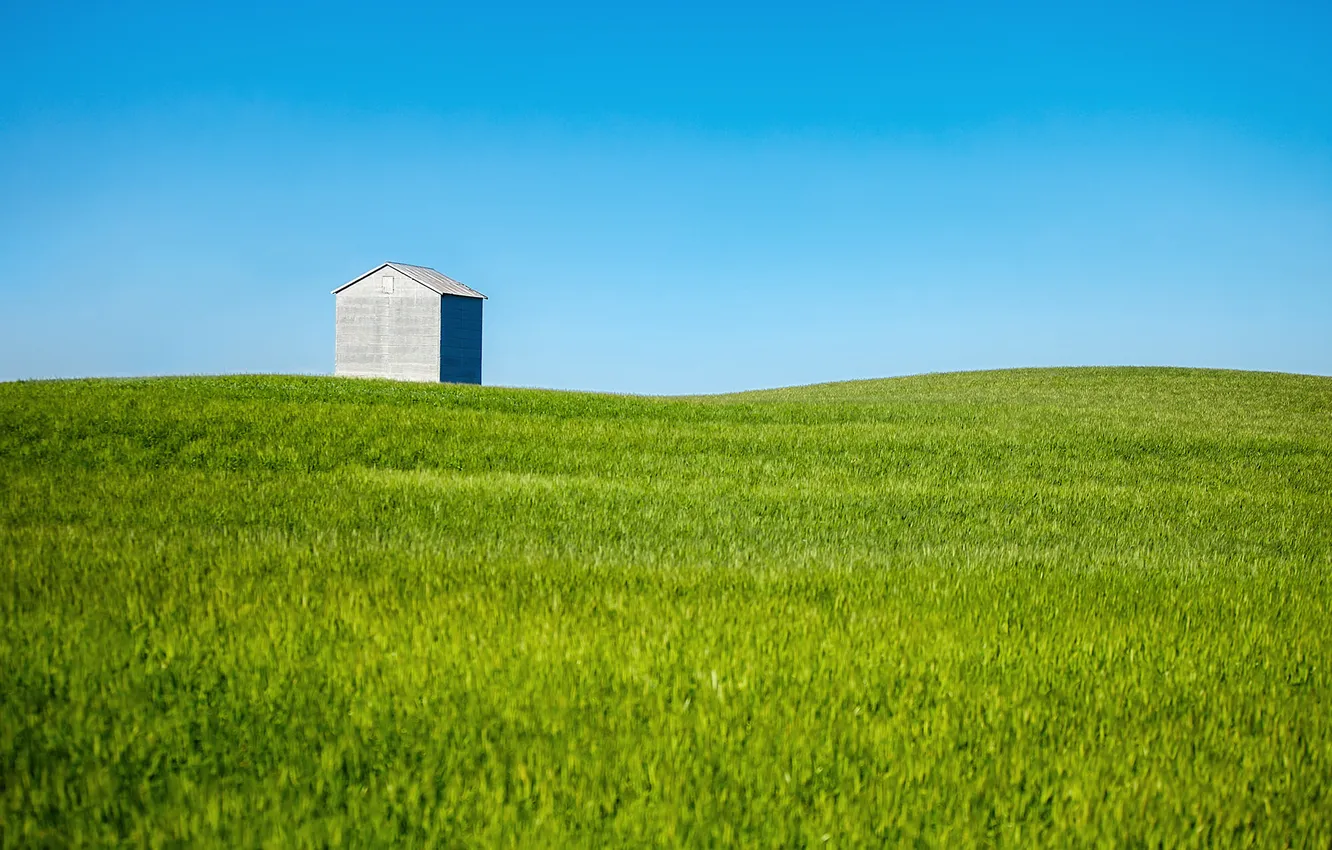 Photo wallpaper field, the sky, grass, line, metallic, the countryside, farm, grain bin