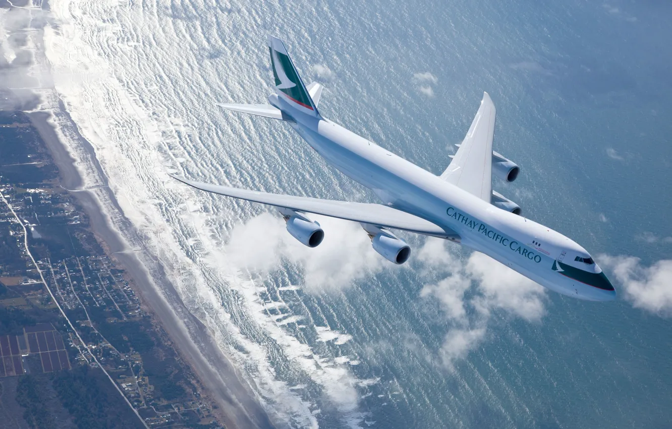 Photo wallpaper Sea, Beach, Shore, Flight, The plane, Cargo, Cathay Pacific, Cargo