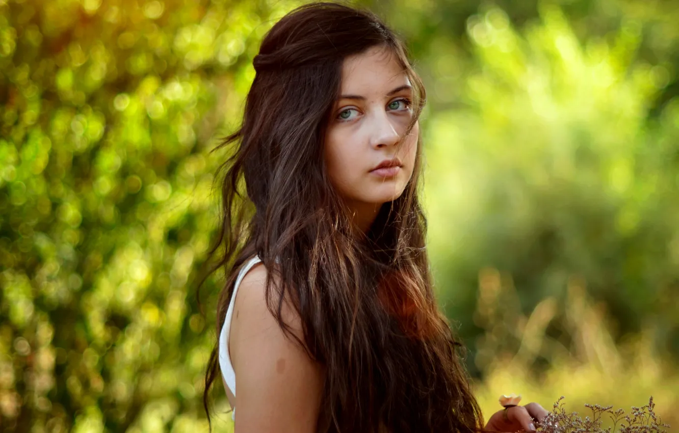 Photo wallpaper look, girl, flowers, brown hair, curls, green-eyed, long-haired
