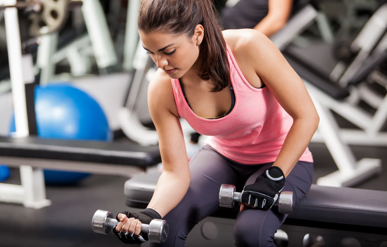 Photo wallpaper woman, fitness, gym, dumbbell