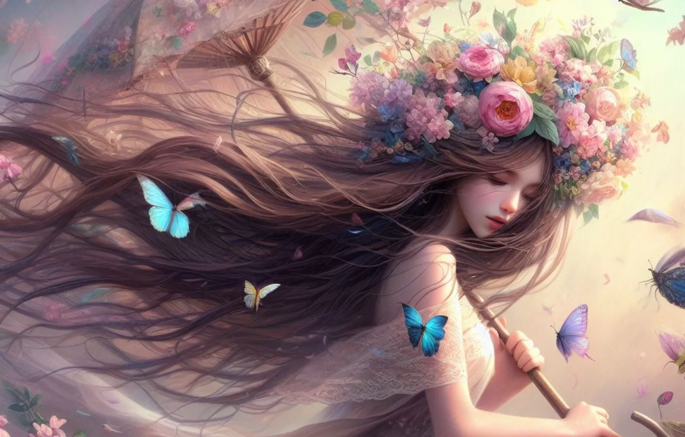 Photo wallpaper girl, fantasy, butterfly, AI art, neural network
