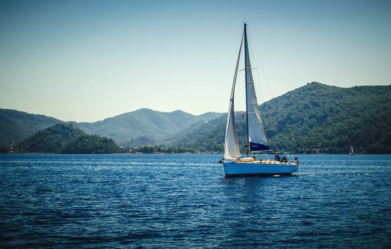 Photo wallpaper sea, water, rocks, boat, sail
