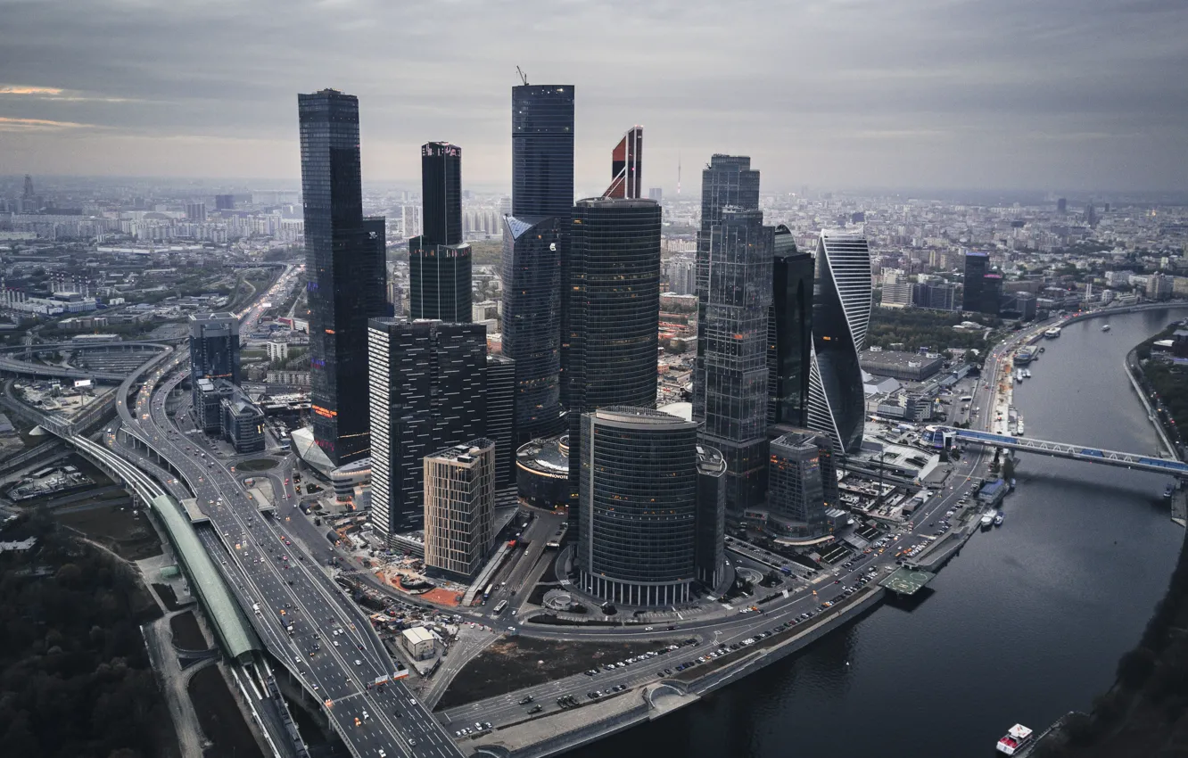 Photo wallpaper river, skyscrapers, Moscow, Russia, promenade, business center, Moscow-City, Presnenskaya Naberezhnaya