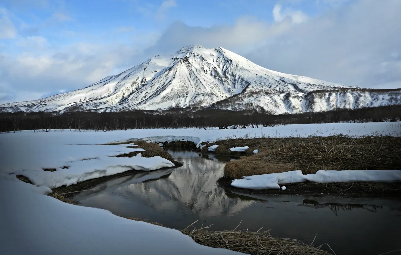 Photo wallpaper mountain, lake, snow, frozen, highlands, cold, volcano
