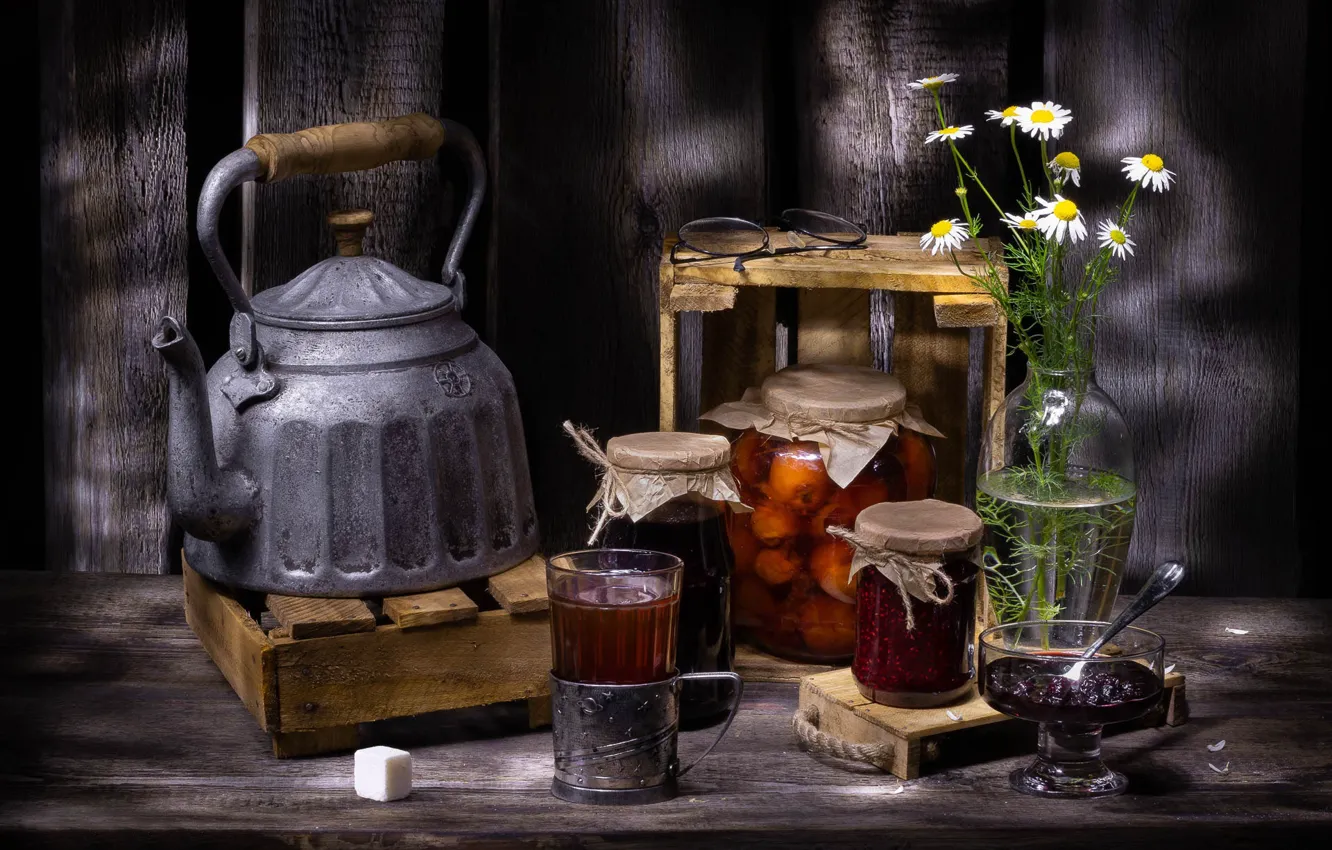 Photo wallpaper flowers, tea, chamomile, kettle, glasses, spoon, the tea party, Bank
