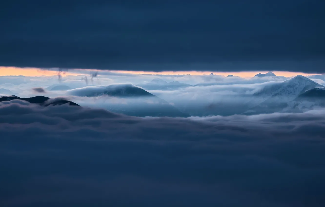 Photo wallpaper the sky, mountains, fog, clouds