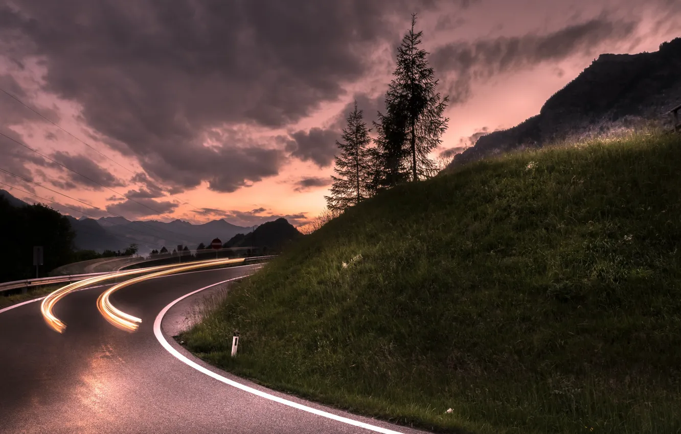 Photo wallpaper road, night, lights, turn