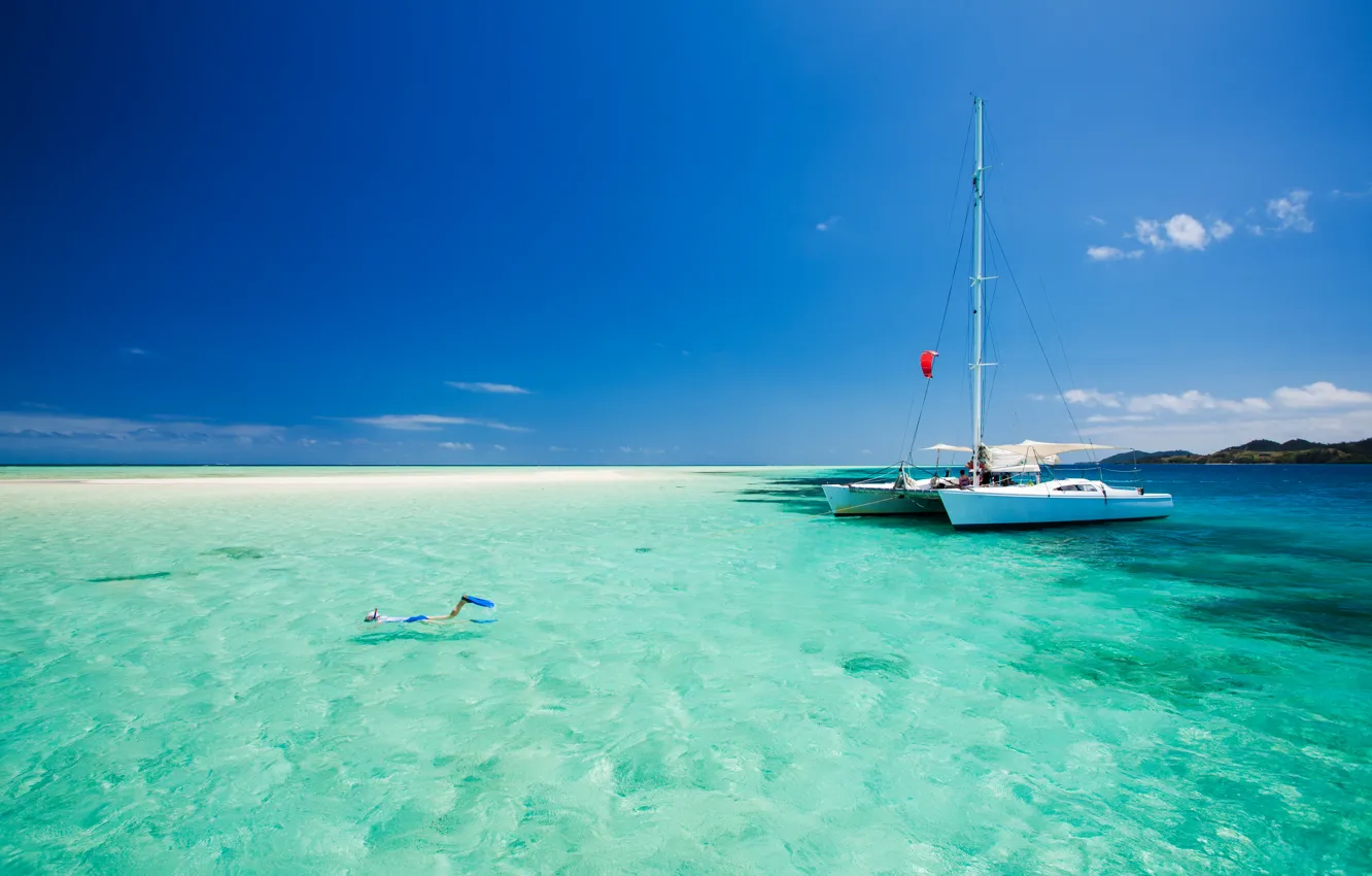 Photo wallpaper beach, the ocean, stay, shore, boat, swimming, fiji, snorkeling