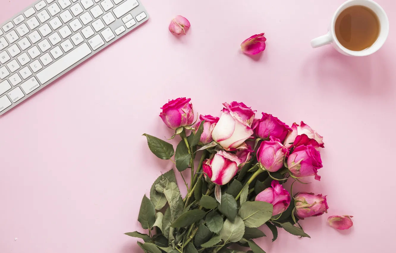 Photo wallpaper tea, roses, bouquet, Cup, keyboard