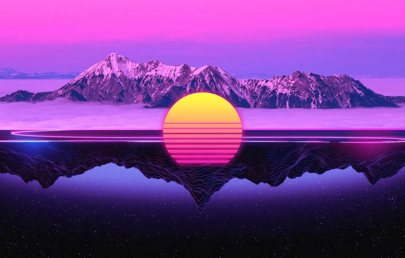 Photo wallpaper The sun, Reflection, Mountains, Music, Star, 80s, Neon, 80's