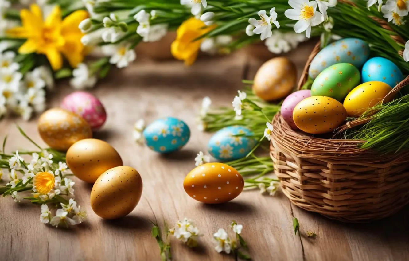 Photo wallpaper flowers, eggs, spring, colorful, Easter, flowers, spring, Easter