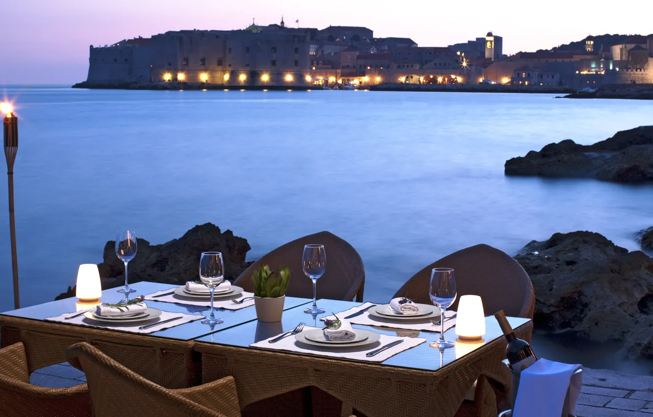 Photo wallpaper sea, the city, table, wine, shore, the evening, dinner