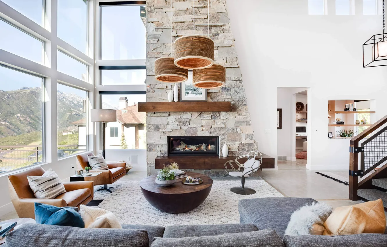 Photo wallpaper Villa, interior, fireplace, living room, House in Draper