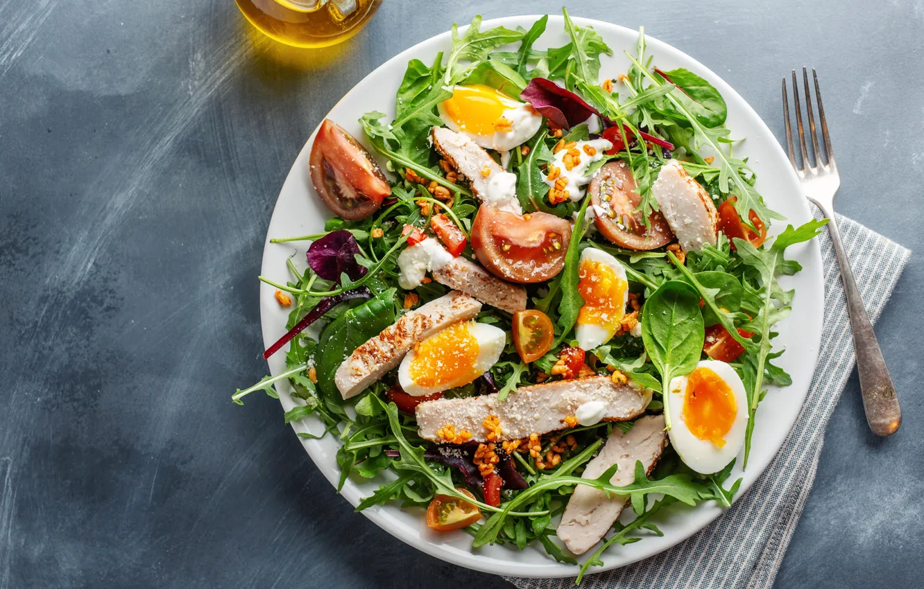 Photo wallpaper greens, eggs, meat, salad