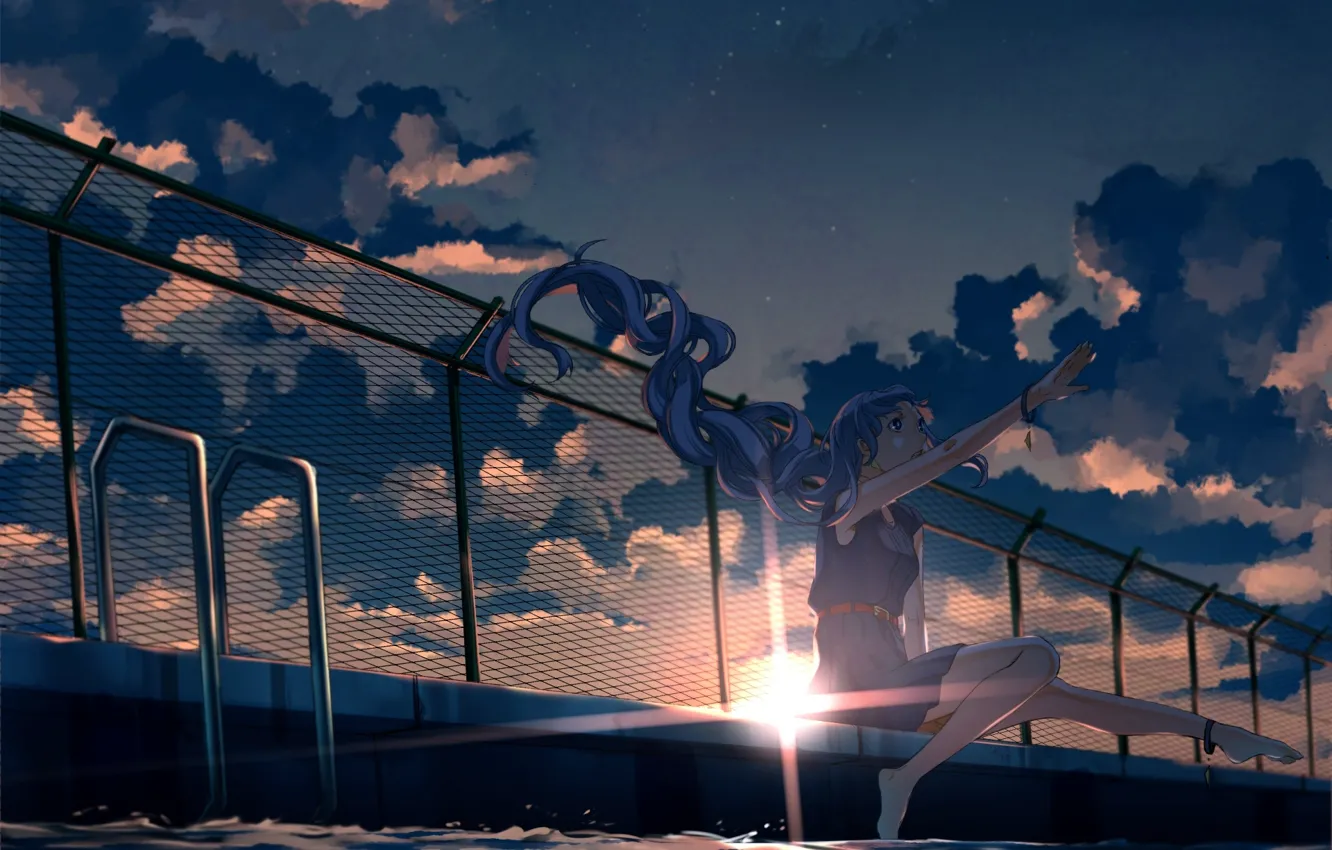Photo wallpaper the sky, girl, the sun, clouds, sunset, the fence, anime, pool