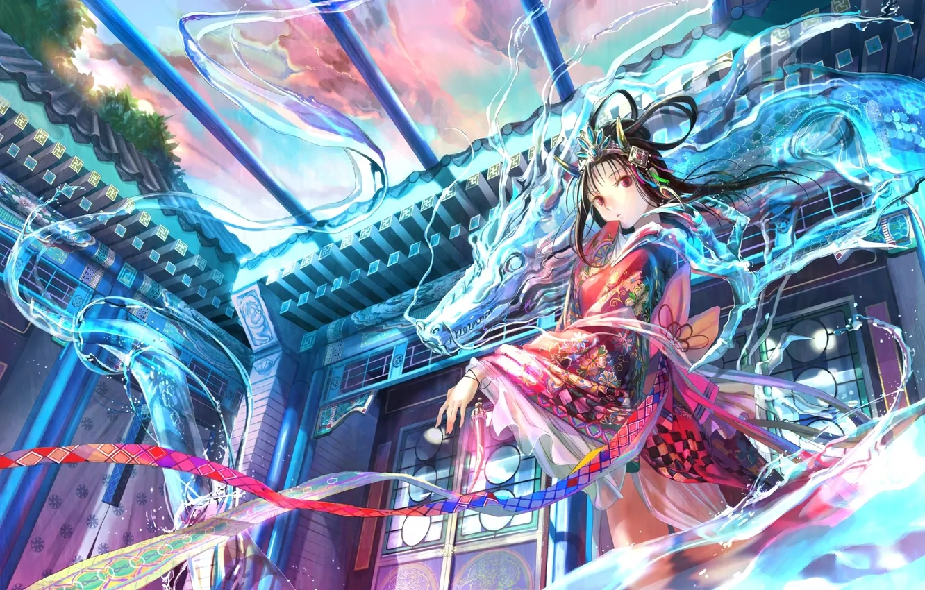 Photo wallpaper girl, fantasy, magic, dragon, anime