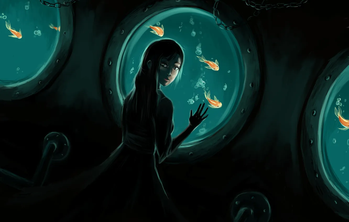 Photo wallpaper sea, girl, fish, fish, dark, art, under water, Windows