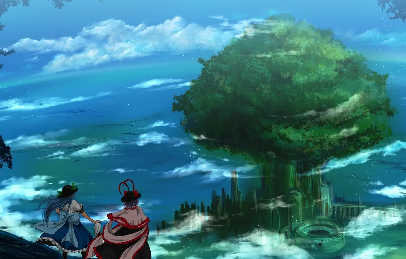 Photo wallpaper the sky, girl, clouds, trees, nature, the city, hat, art