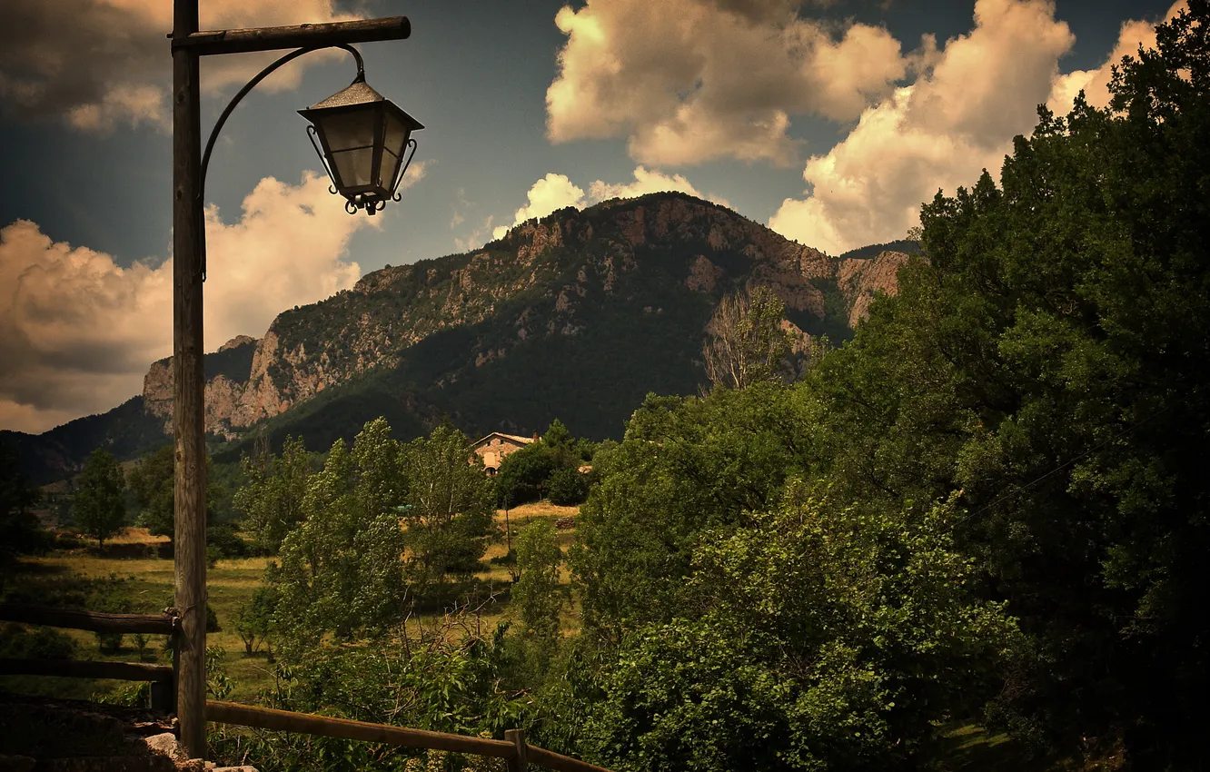 Photo wallpaper greens, clouds, mountain, post, lantern, the bushes, photographer, Mariluz Rodriguez