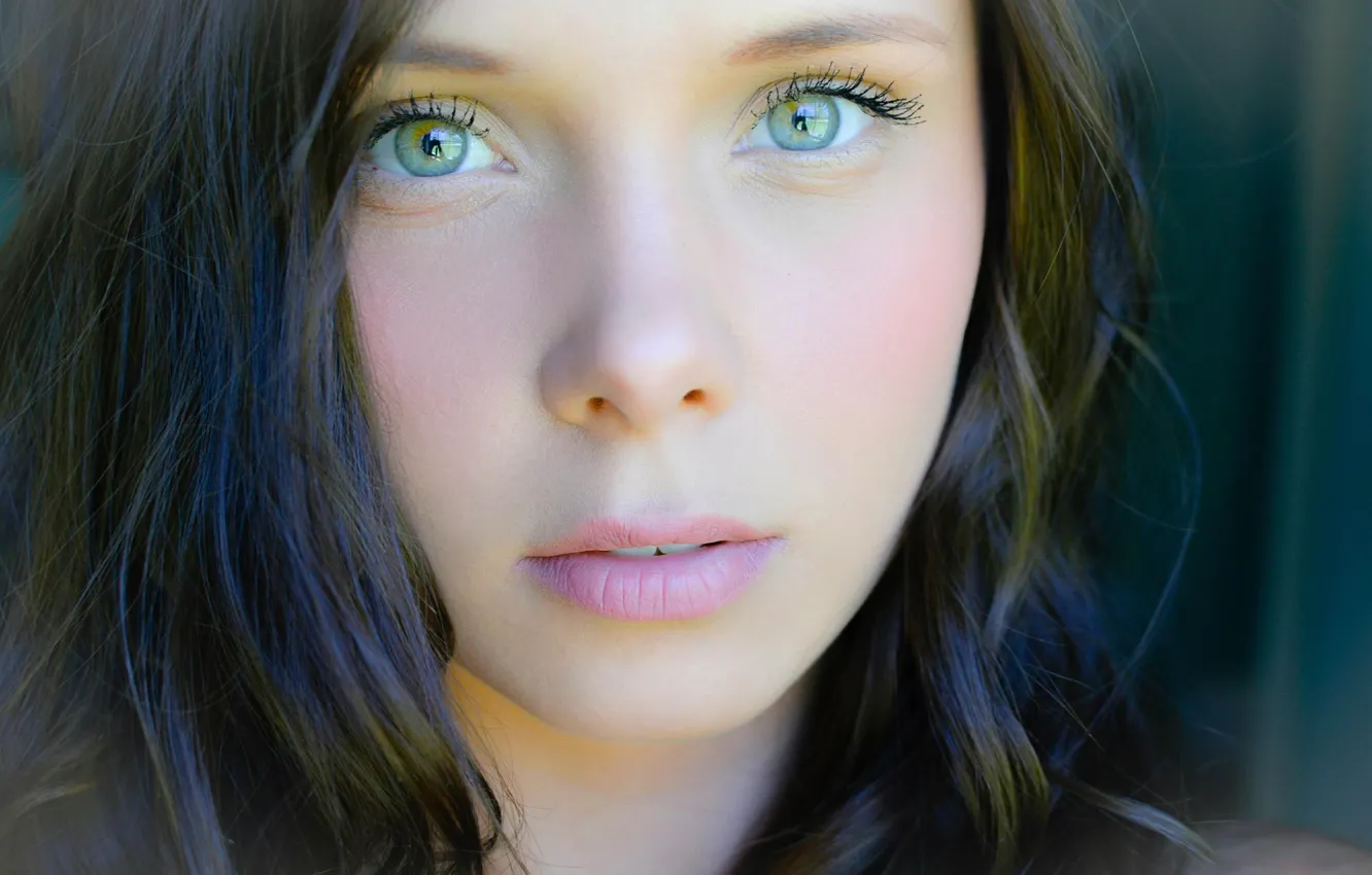 Photo wallpaper girl, green eyes, photo, lips, face, brunette, portrait, mouth