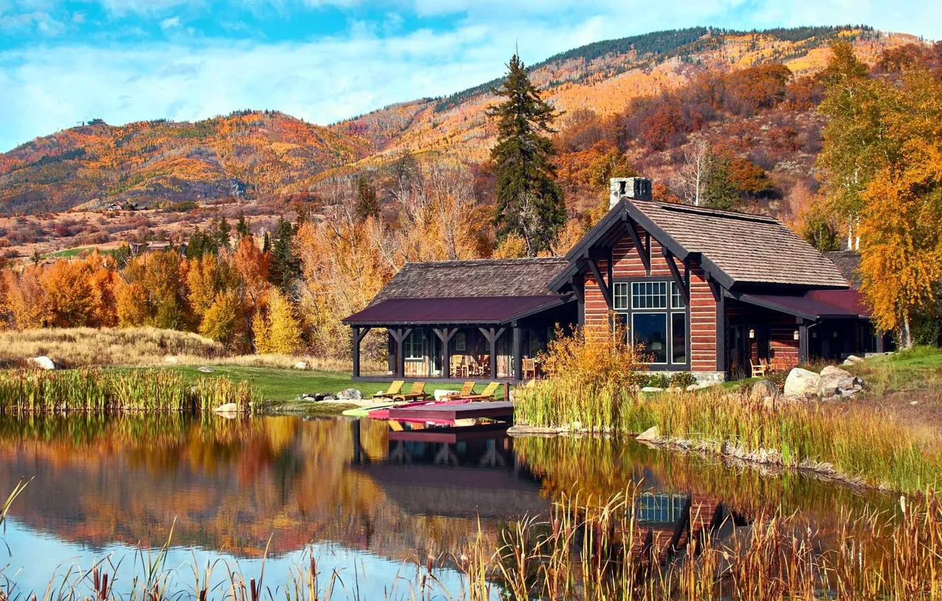 Photo wallpaper autumn, lake, house