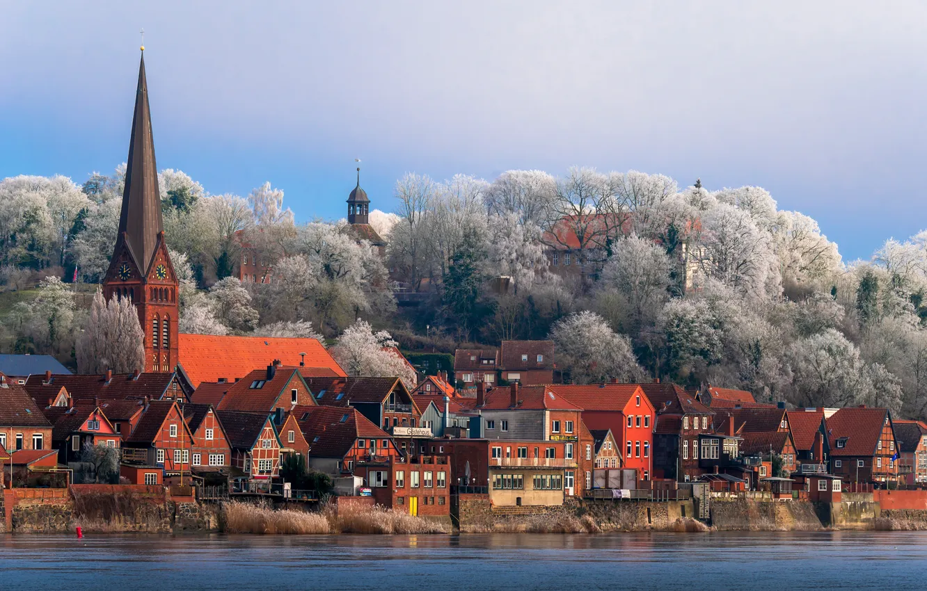 Photo wallpaper the sun, trees, river, home, Germany, Elbe