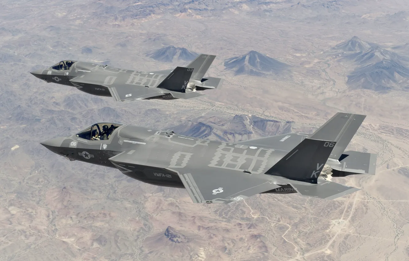 Photo wallpaper flight, fighter, pair, pilot, bomber, Lightning II, F-35B