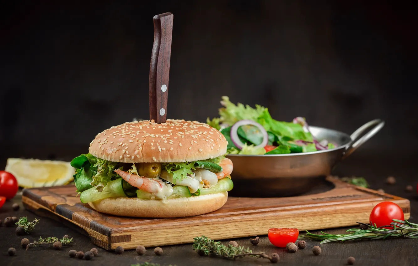 Photo wallpaper knife, vegetables, hamburger, salad, filling