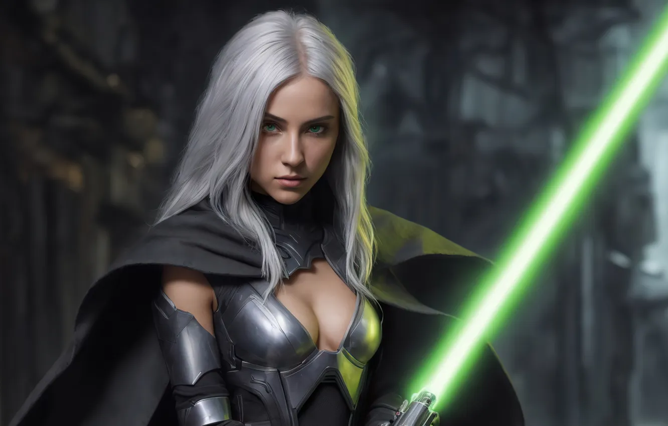 Photo wallpaper green, girl, green eyes, art, digital art, lightsaber, jedi, fantasy art