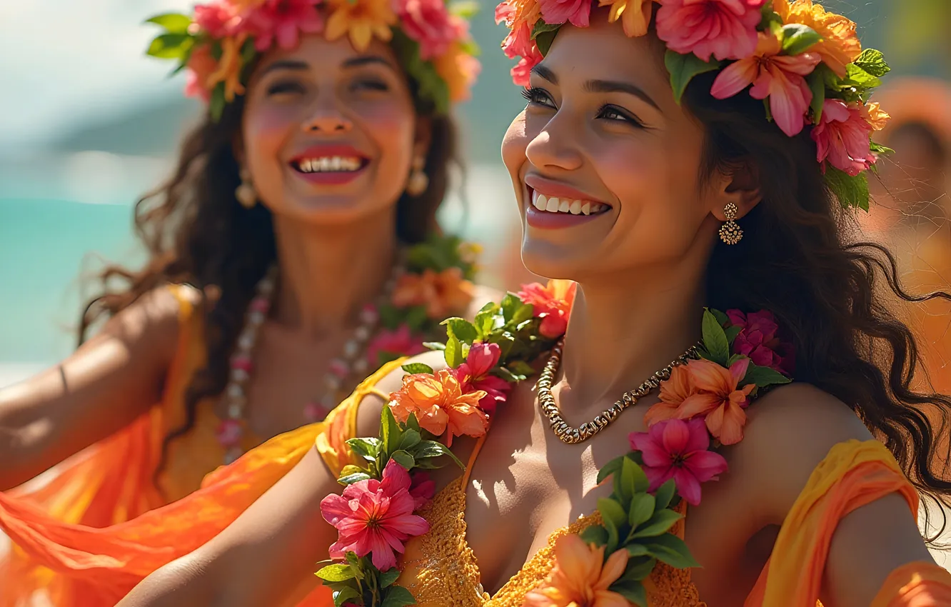 Photo wallpaper neural network, flowers, wreath, AI art, smile, girl, summer, tropics
