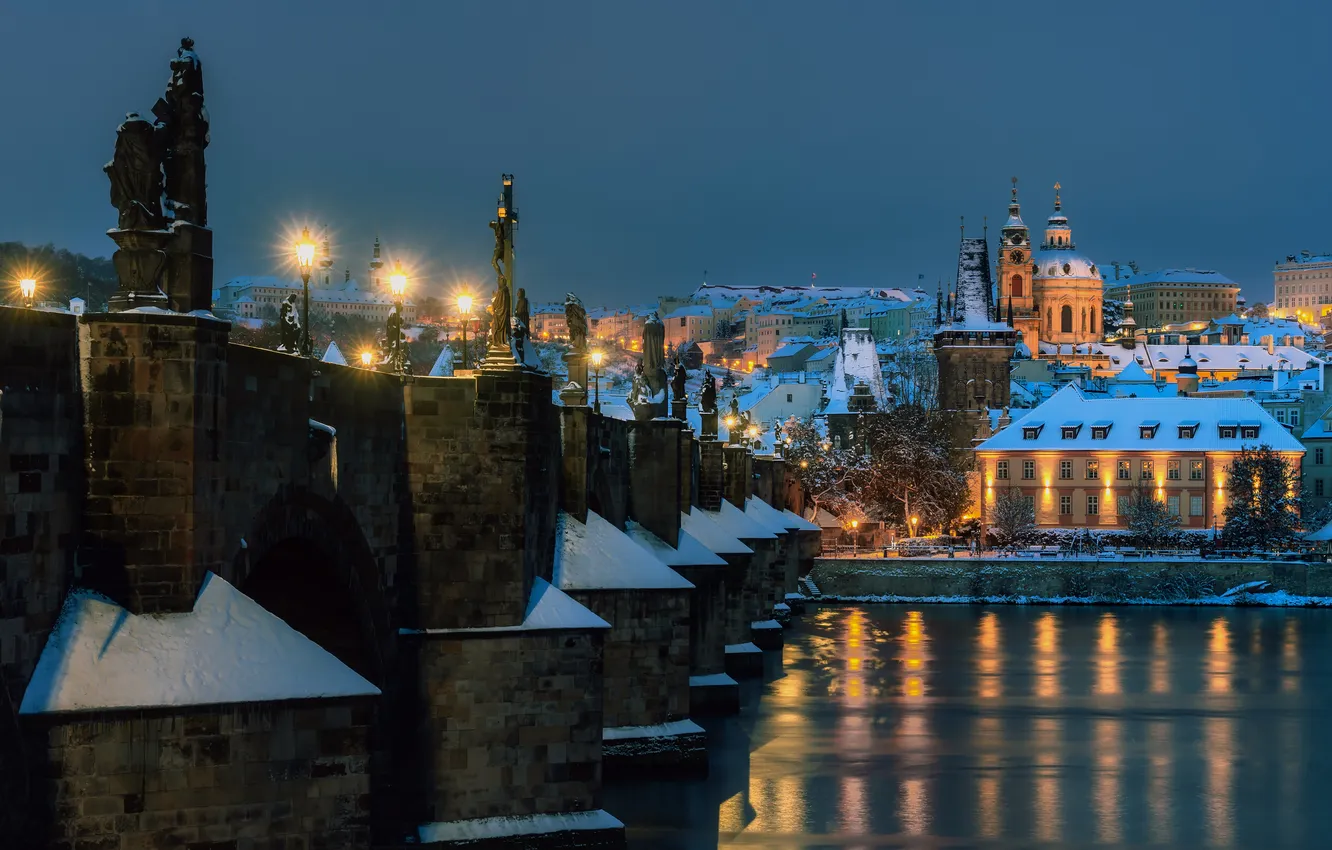 Photo wallpaper winter, snow, bridge, river, building, home, Prague, Czech Republic