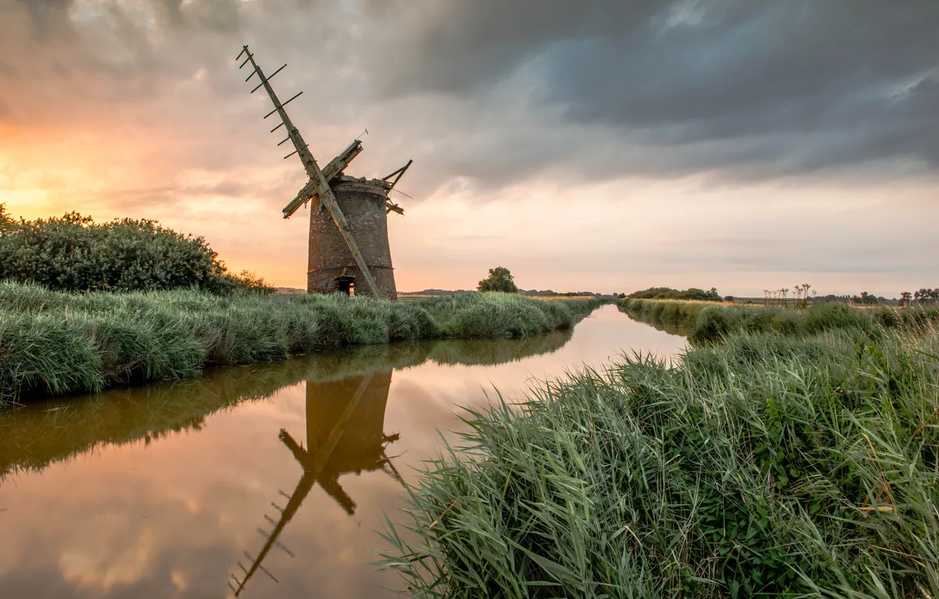 Photo wallpaper sunset, mill, reed, channel, abandoned
