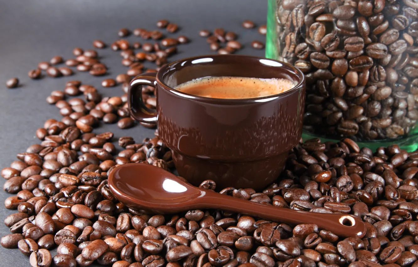Photo wallpaper foam, coffee, grain, spoon, Cup, Bank