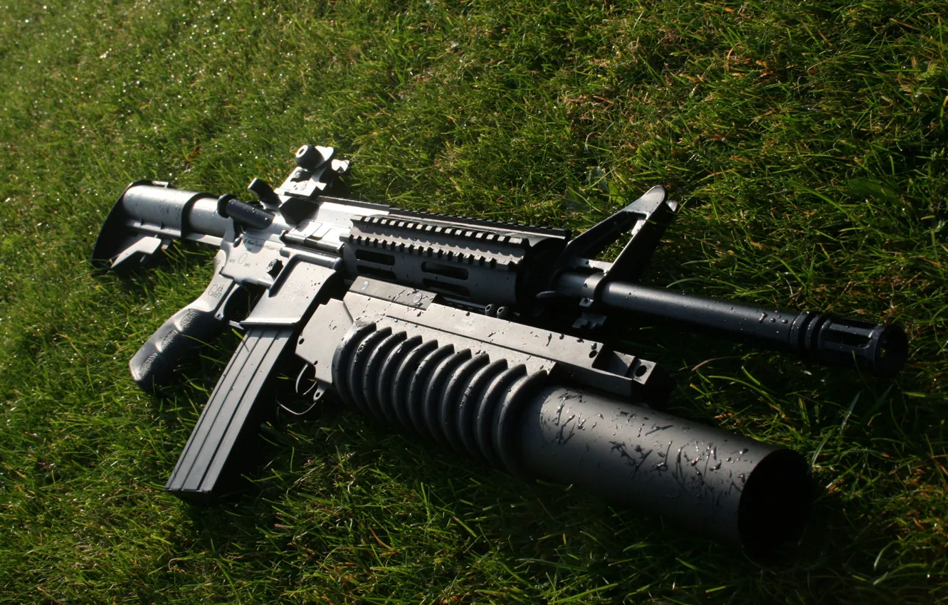 Photo wallpaper grass, weapons, grenade launcher, rifle, M16, assault, M203, grenade