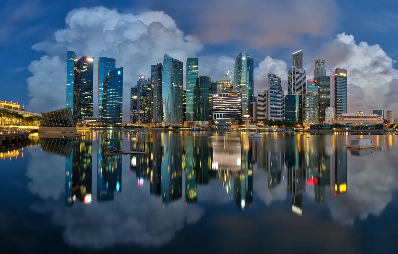 Photo wallpaper lights, reflection, the evening, pool, Singapore, Marina Bay