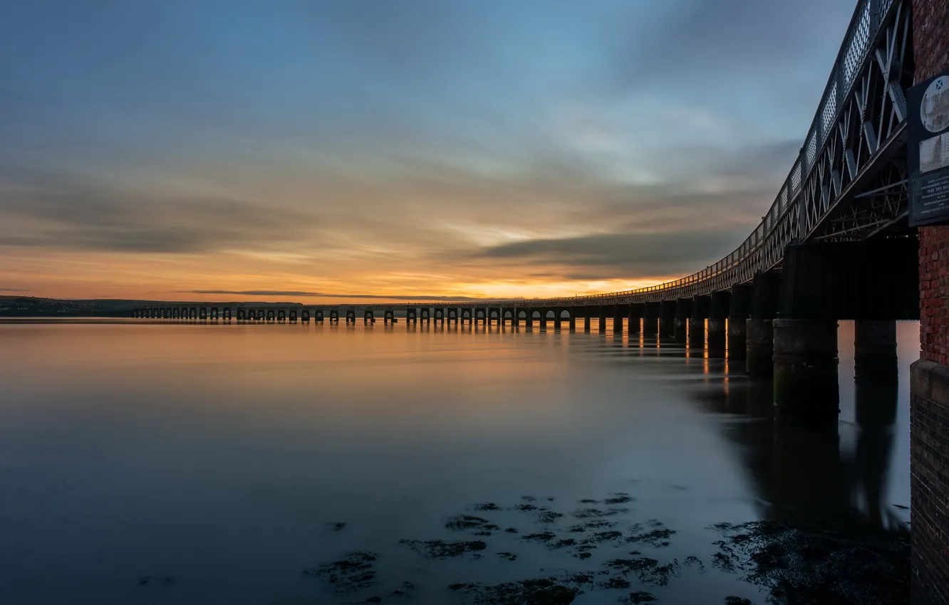 Photo wallpaper sunset, bridge, shore