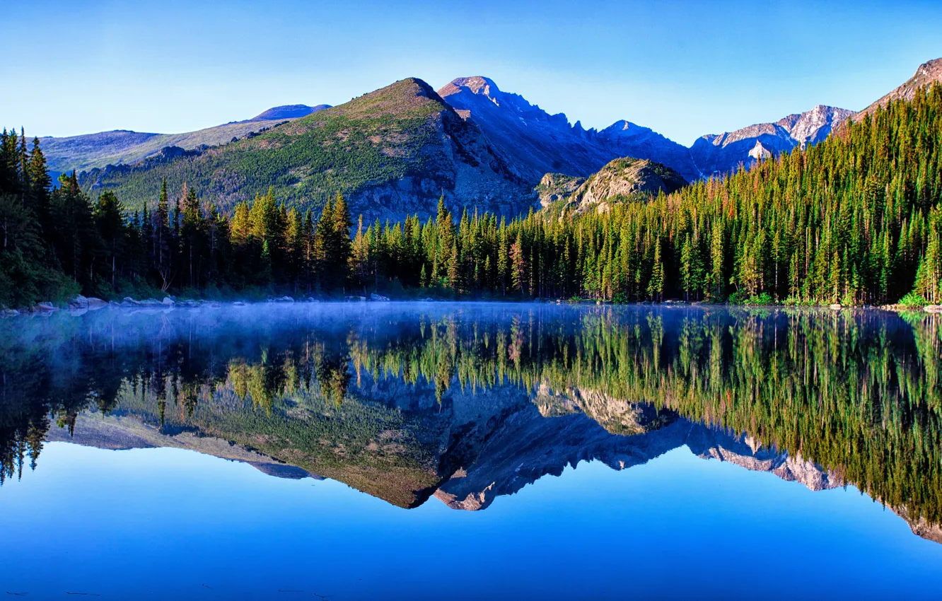 Photo wallpaper forest, the sky, mountains, lake